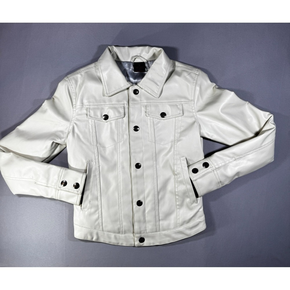 VTG FUBU Ladies Collection Faux Leather Jacket Womens Small White Script Y2K
